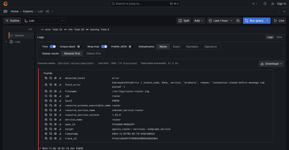 A screenshot of greater detail in the Loki error log