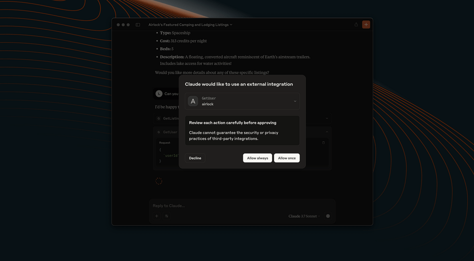 A screenshot of Claude, showing the modal asking for permission to run the GetUser tool