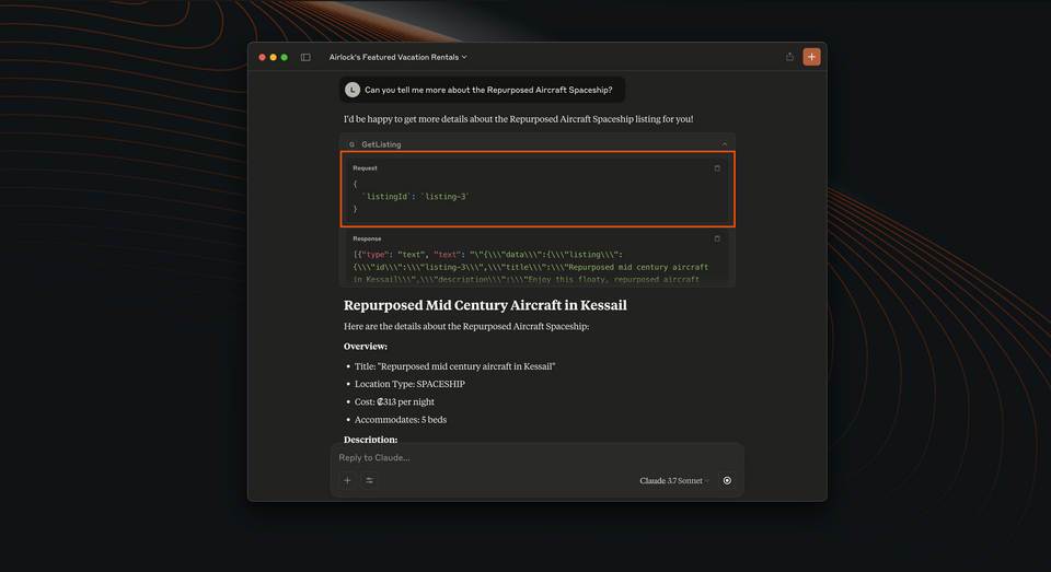 The Claude interface, showing how the listing ID was automatically inserted into the request