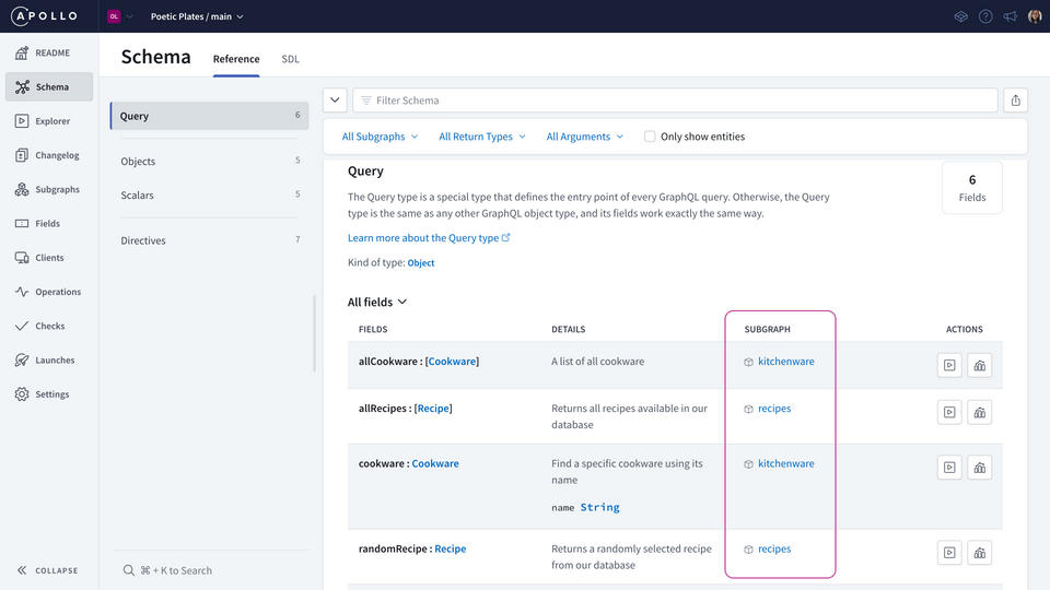 Schema reference page for the Query type in Studio