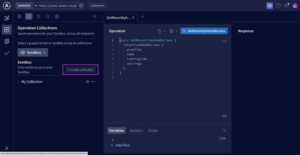 A screenshot of the Sandbox environment, with the Operation Collections tab opened on the left. A button that reads 'Create collection' is highlighted.