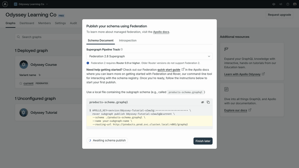 A modal window showing options for publishing the schema for our graph
