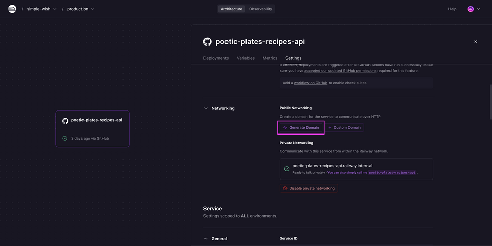 The Settings panel for the project in Railway, with the Generate Domain button highlighted.